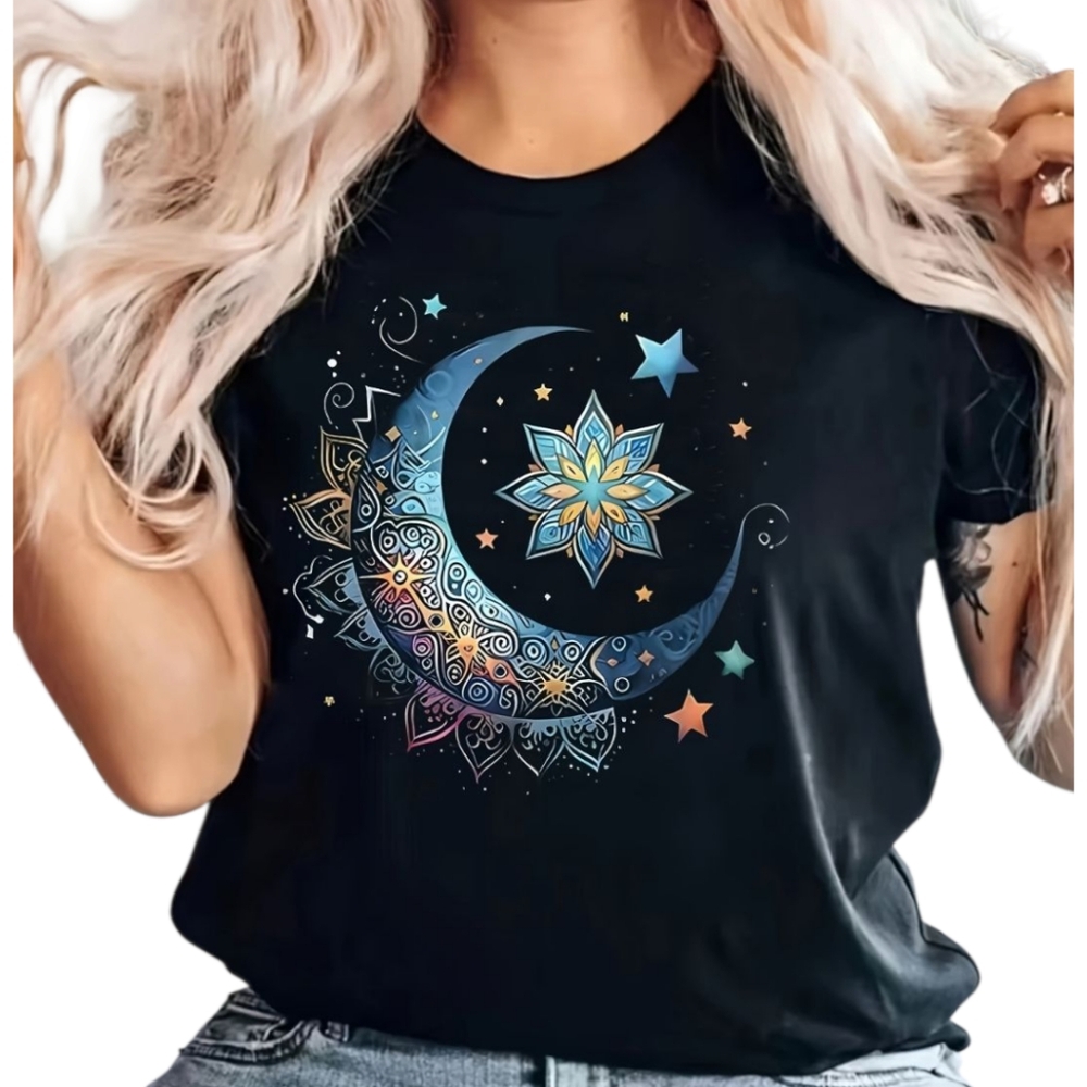 Women's Black Graphic Tee with Moon and Stars
